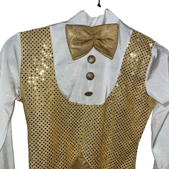 Art stone dance costume leotard dancewear gold sequins bow tie adult small e329 - Picture 3 of 4